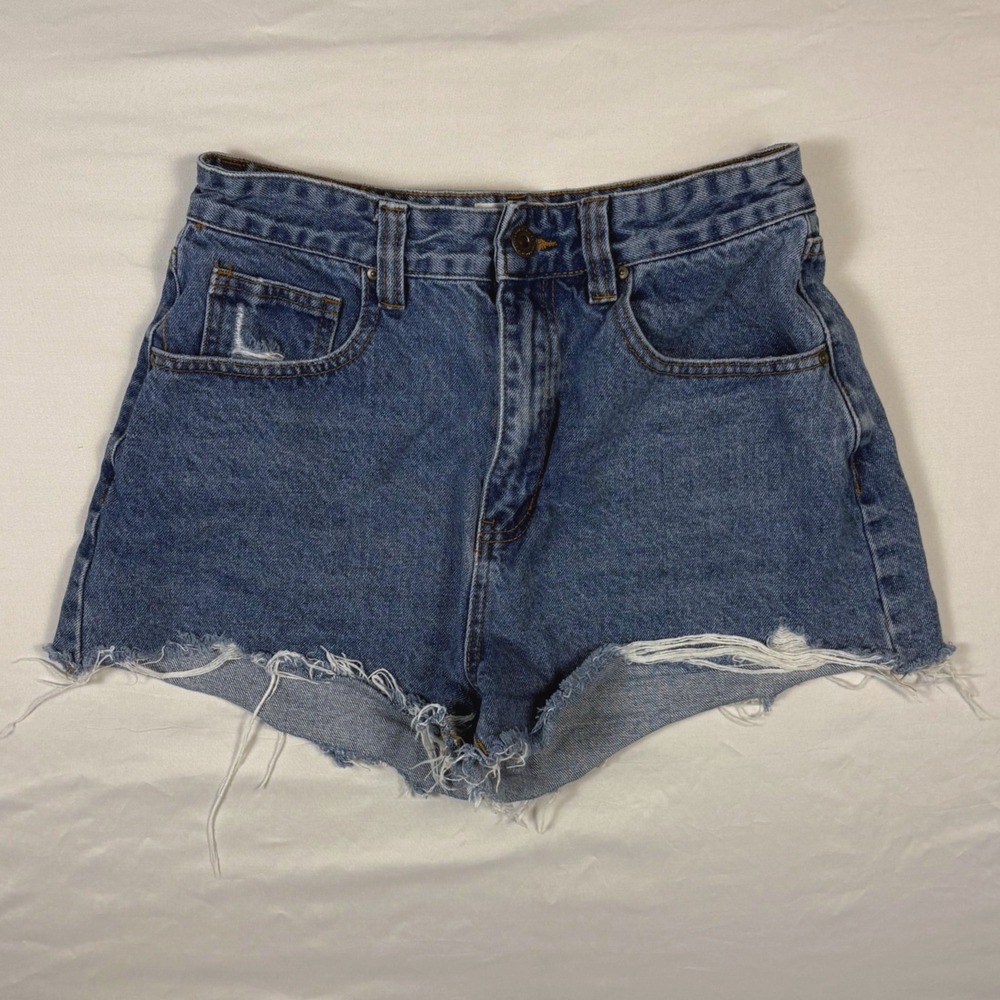 Cotton On High Rise Mom Denim Shorts Blue Distressed Raw Hem Size 6 - Picture 2 of 7